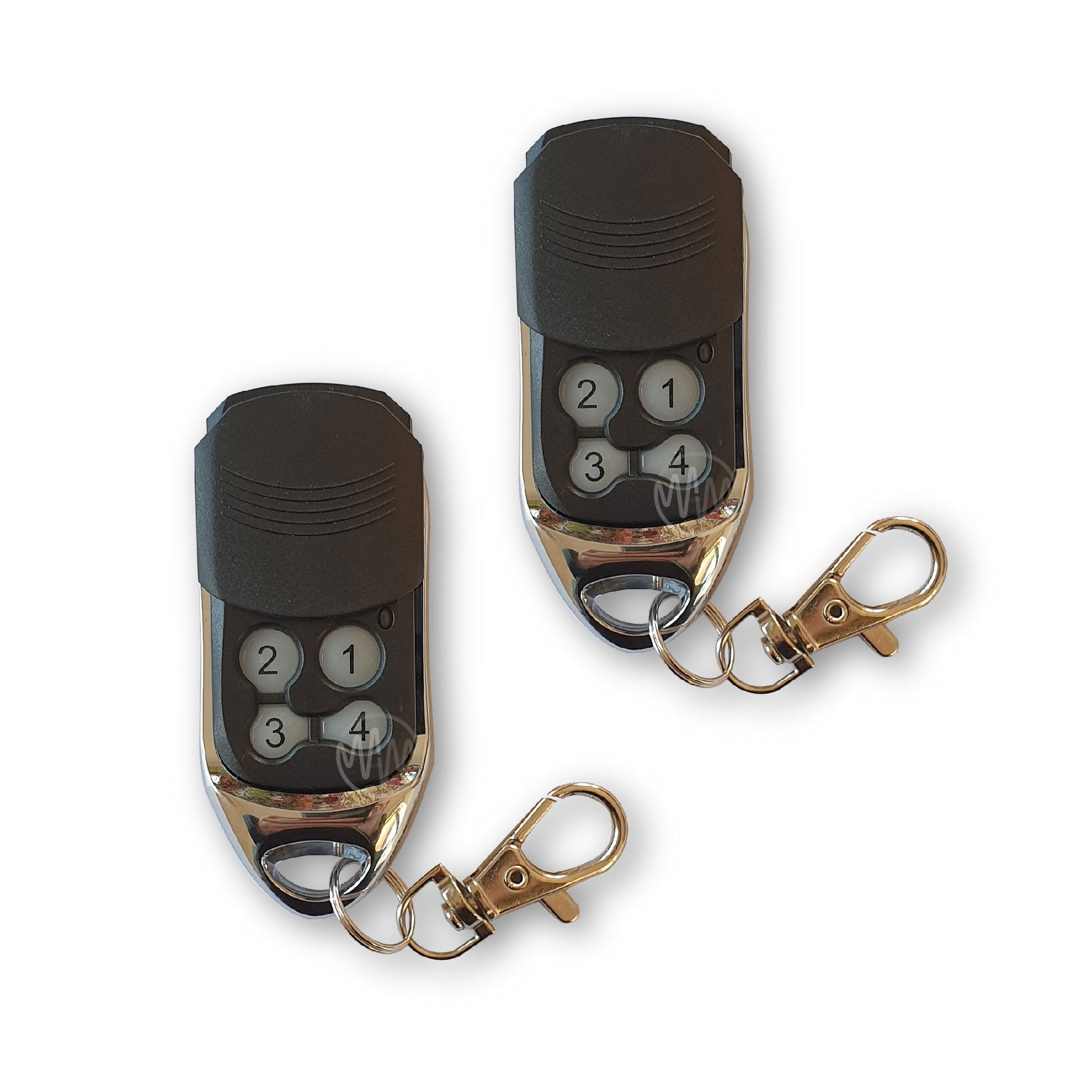 2 Black & chrome 4 button garage door remotes with slide cover & key ring