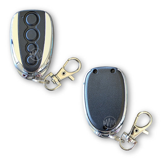 Front & Back view of black & chrome egg shape gate remote for Richmond branded gate openers