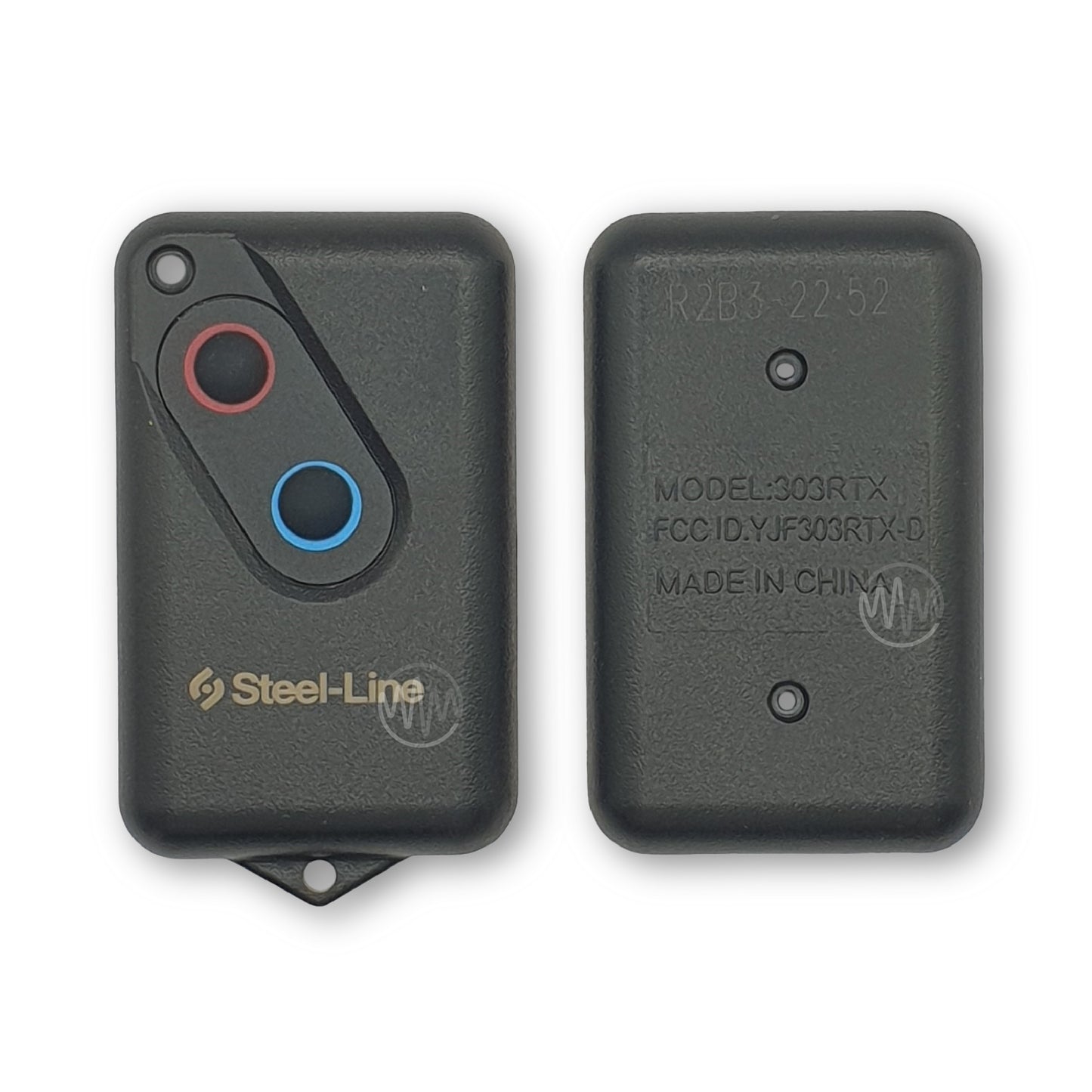 A black replacement outer shell casing for a Steel-Line garage door remote with red and blue buttons visible on the front and model details on the back.