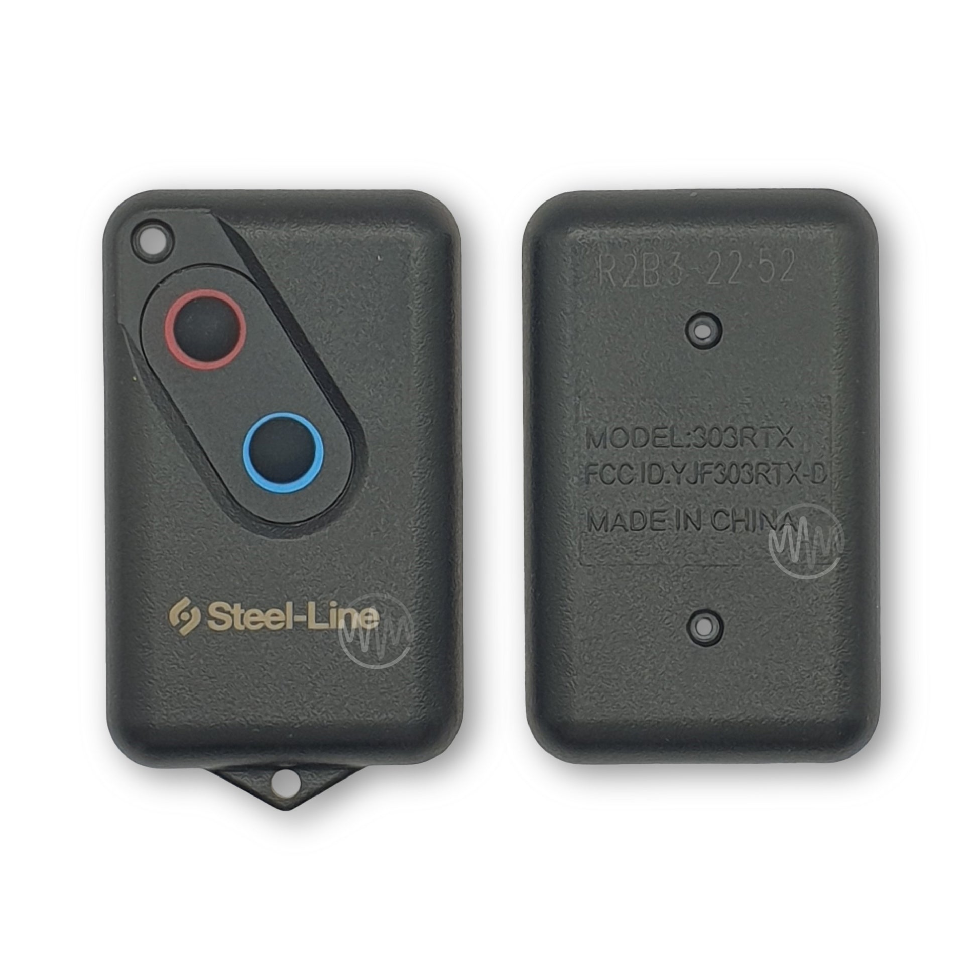 A black replacement outer shell casing for a Steel-Line garage door remote with red and blue buttons visible on the front and model details on the back.