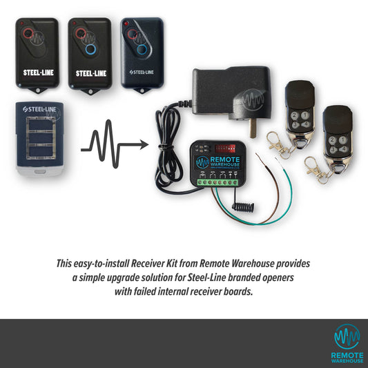 Selection of Steel-Line branded  garage door remotes showing with an arrow pointing to the replacement Remote Warehouse branded add on receiver kit.