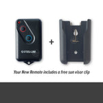 Steel-Line HT4 black 2 round button remote with sun visor clip attachment shown alongside