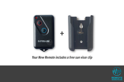 Steel-Line HT4 black 2 round button remote with sun visor clip attachment shown alongside