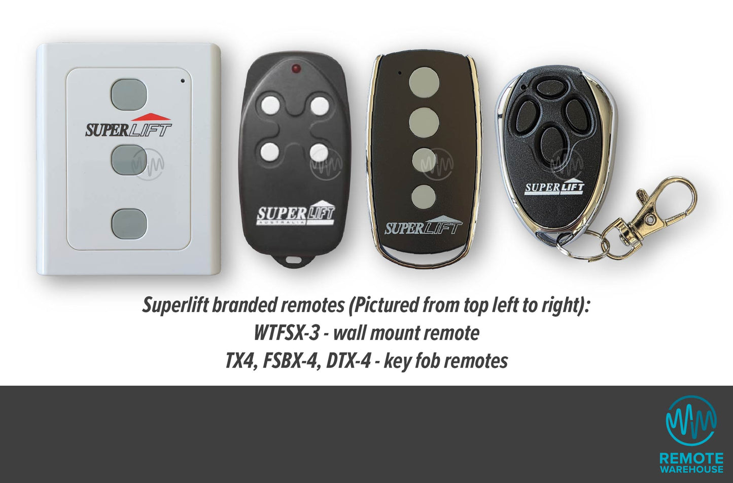 Superlift branded remote controls including a wall mount and key fob on a white background.
