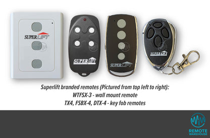 Superlift branded remote controls including a wall mount and key fob on a white background.