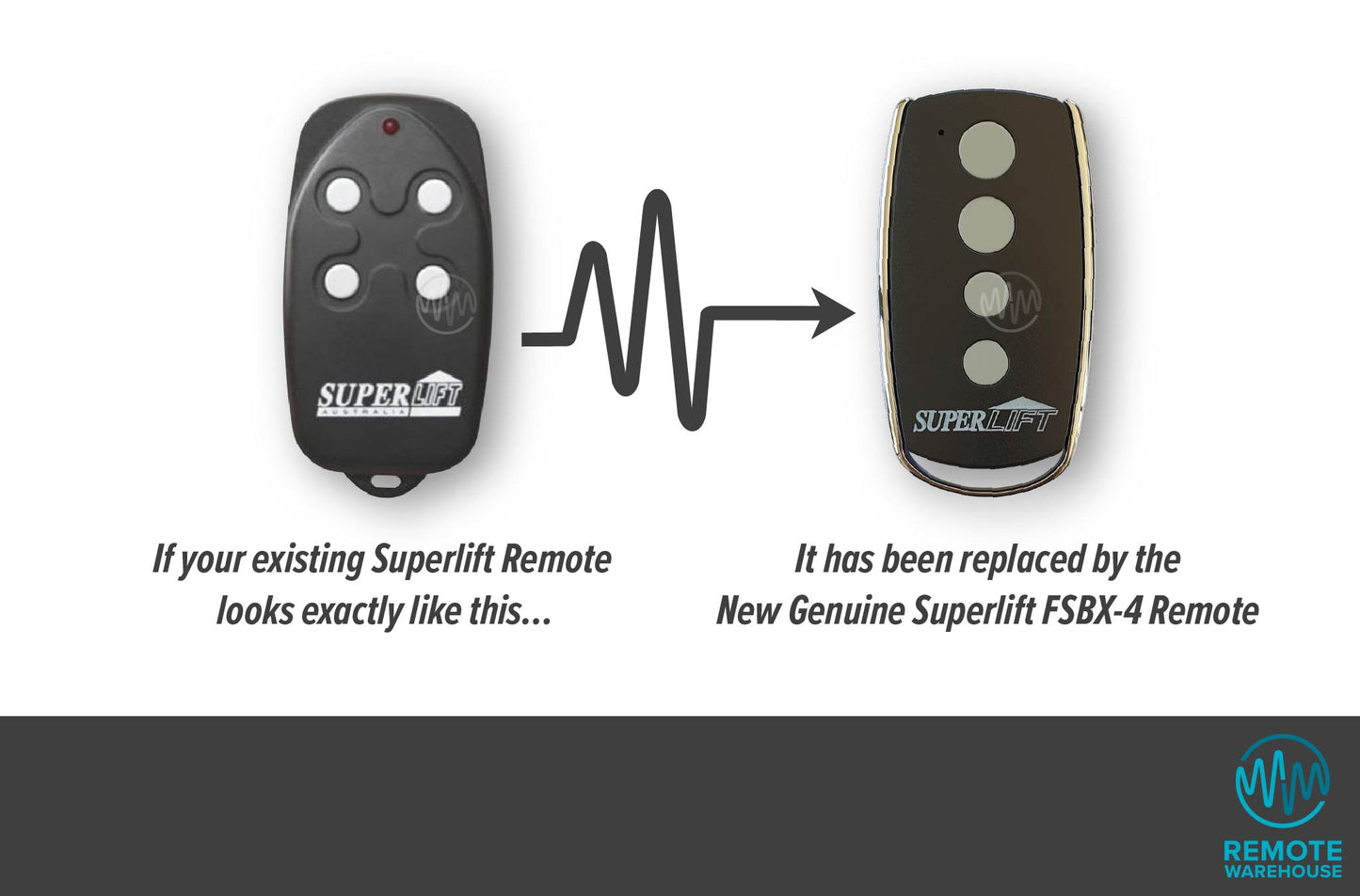 Old Superlift remote control with 4 round white buttons shown with updated superlift black & chrome model with 4 round grey buttons.