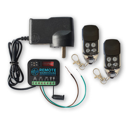 Remote Warehouse branded black garage door receiver kit with adapter, wires & 2 remotes 