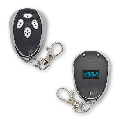 Updated teardrop shape black & chrome 4 button garage remote for Smart Openers 4B front & back view