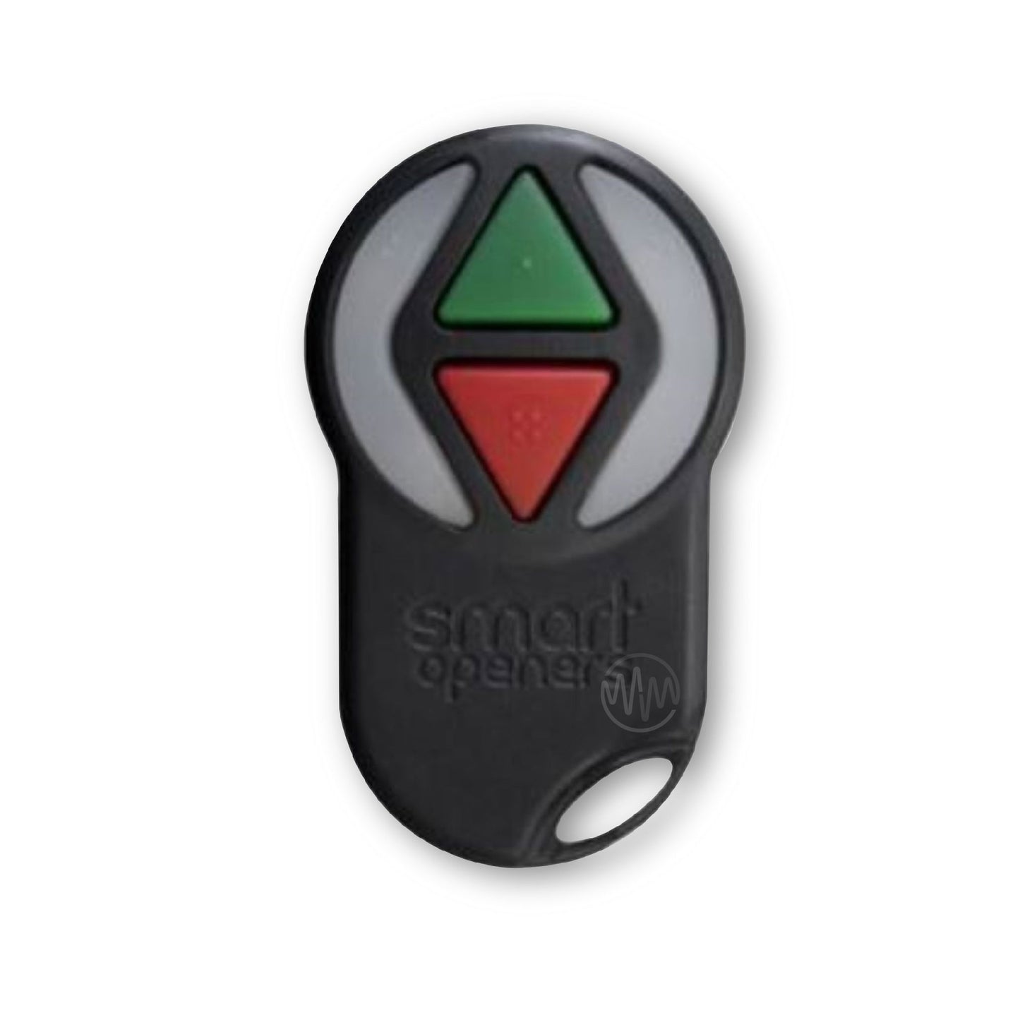Smart Openers black 4 button remote with 1 green & 1 red triangle button flanked with clear buttons on each side