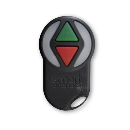 Smart Openers black 4 button remote with 1 green & 1 red triangle button flanked with clear buttons on each side