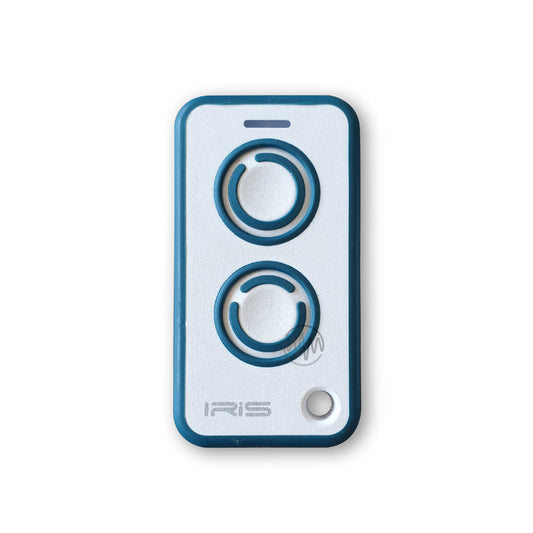 Front view of White & Teal IRIS remote for Steel-Line garage door 