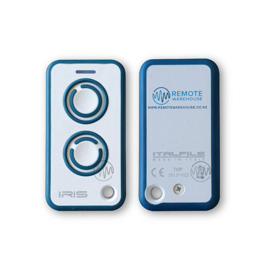 Front + Back view of White & Teal IRIS remote for Steel-Line garage door 