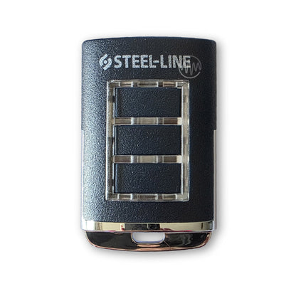 Steel-Line branded navy blue rectangle garage door remote with 3 rectangle buttons in a row outlined with clear led light border