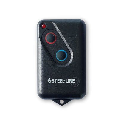 Steel-Line branded black garage door remote with 1 red & 1 blue outlined raised buttons