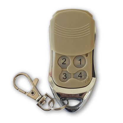 Compatible beige & chrome key ring garage door remote with numbered buttons & slide cover for Superlift openers