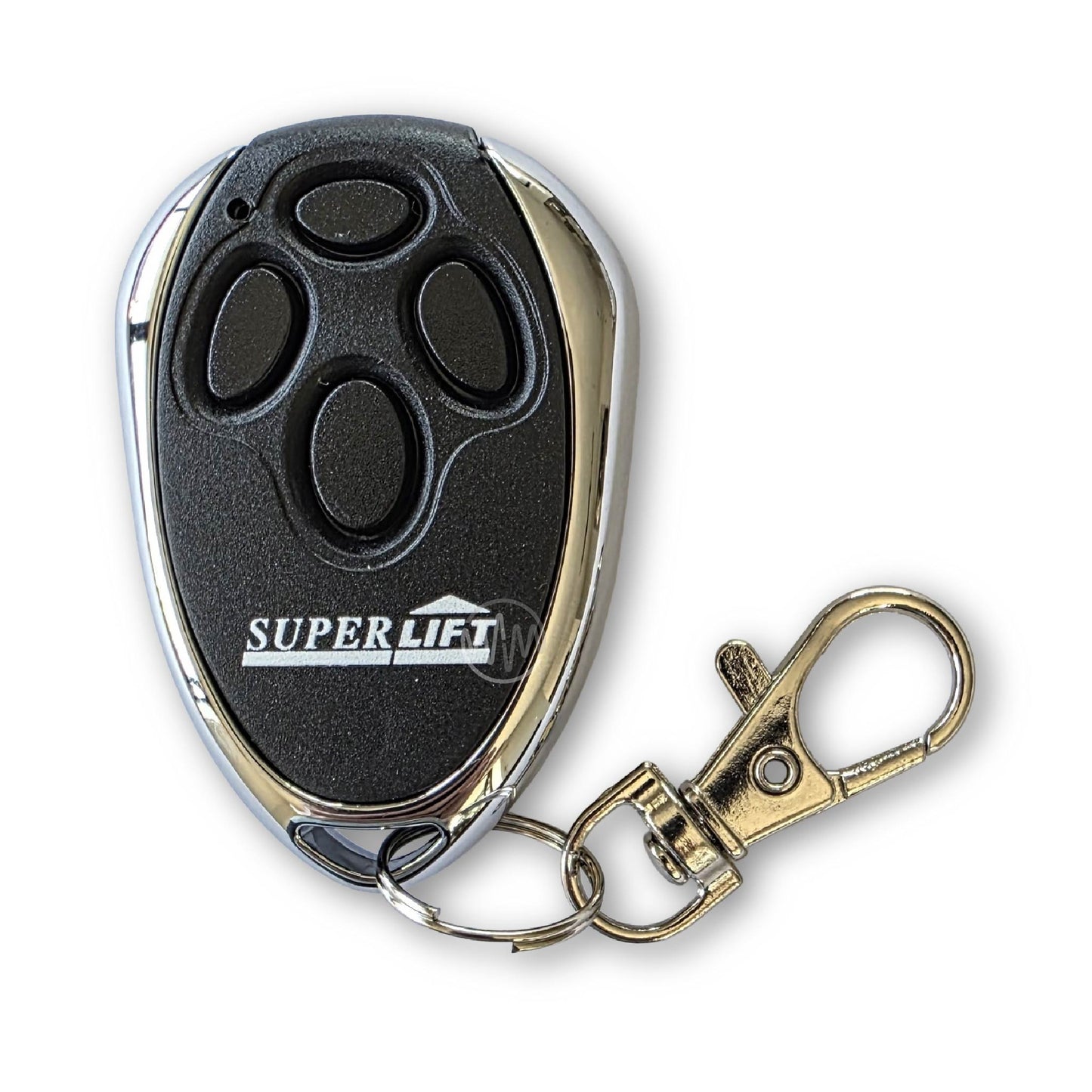 SuperLift branded black & chrome teardrop shape garage door remote with key chain