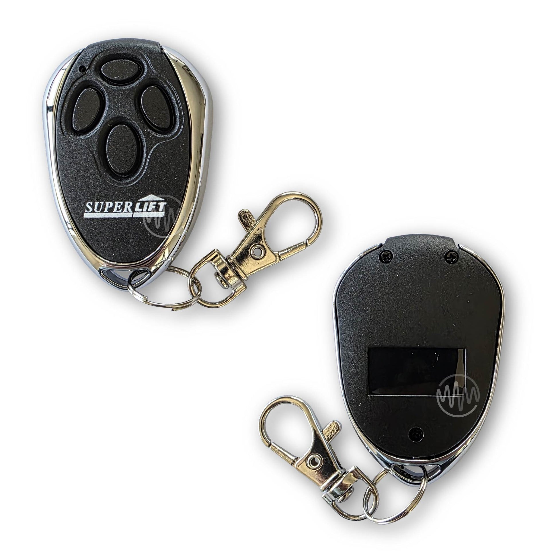 Front & Back view of SuperLift branded black & chrome teardrop shape garage door remote with key chain