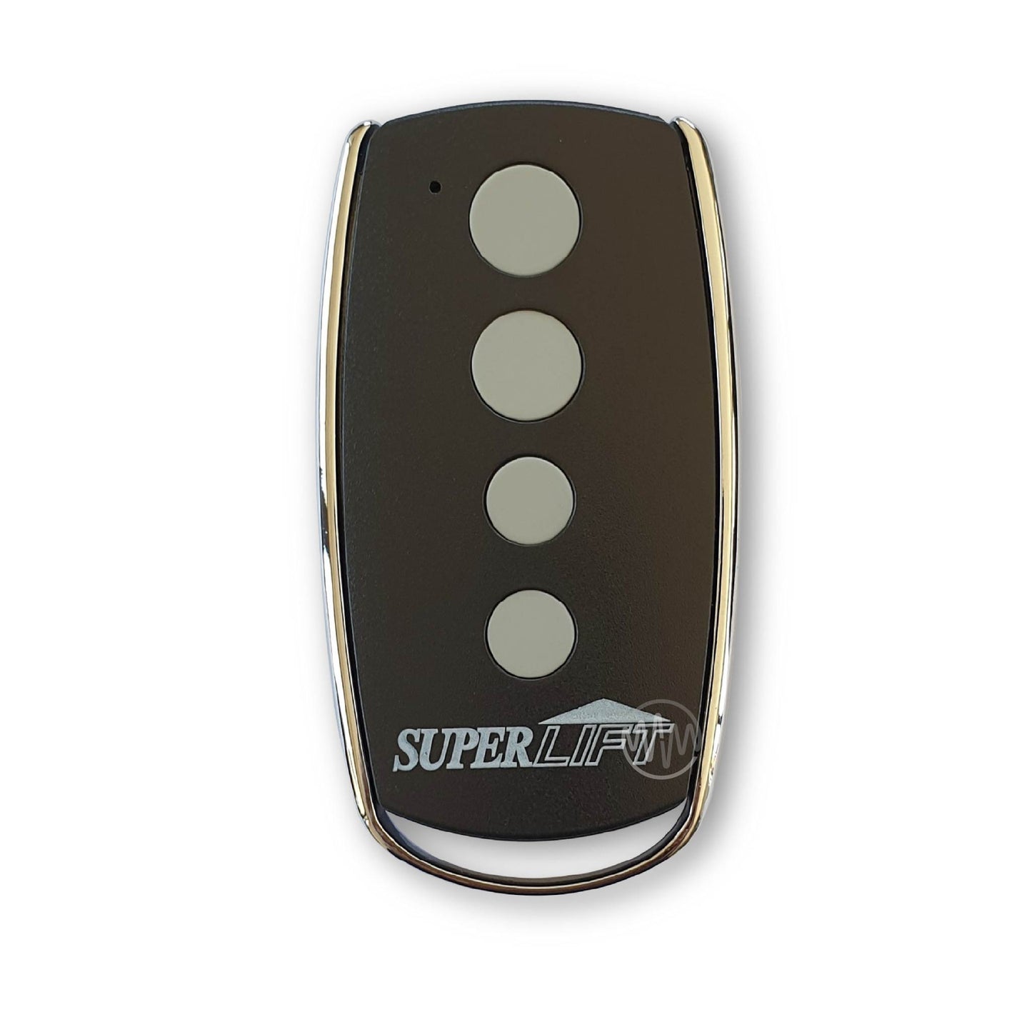 Black Superlift branded remote control with four grey round buttons in a vertical line & chrome frame