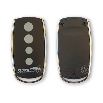 Front & Back view of black & chrome superlift branded garage door remote