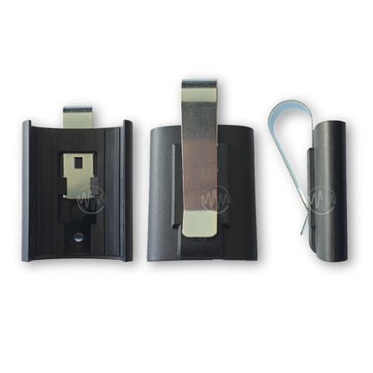 Front, back & side view of sun visor clip accessory for TMT branded TM3 garage door remotes