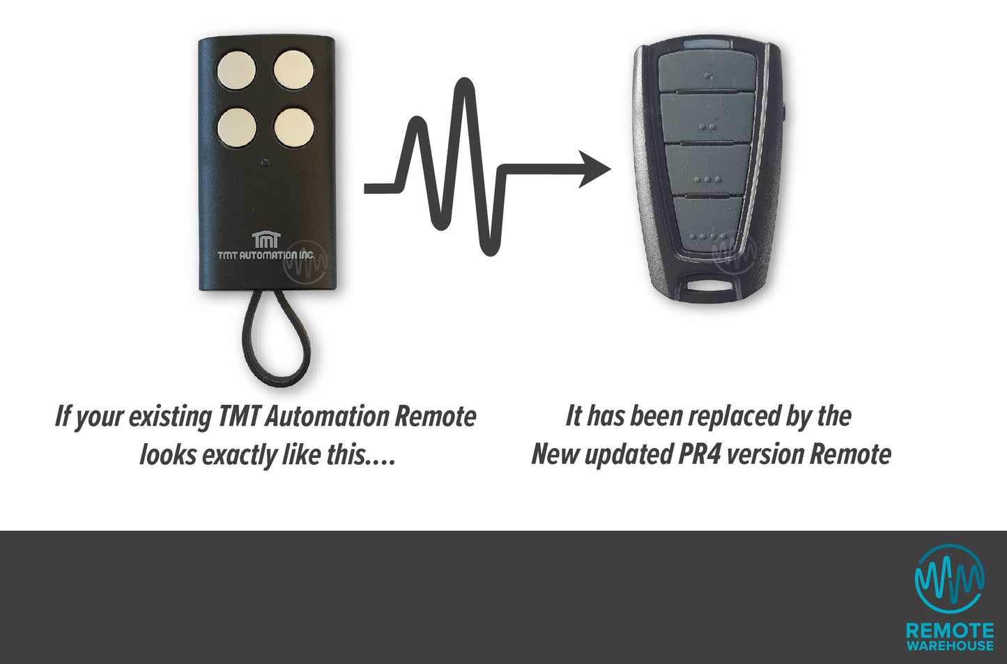 TMT black gate remote with 4 round silver buttons is updated to black gate remote with 4 grey rubber buttons