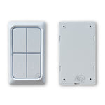 TMT Automation white wall mounted switch with 4 large rectangle buttons front & back view