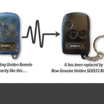 Clear blue Uniden car alarm remote with 3 black round roman numeral marked buttons is replaced with the same remote but black colour