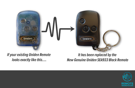 Clear blue Uniden car alarm remote with 3 black round roman numeral marked buttons is replaced with the same remote but black colour