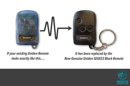 Clear blue Uniden car alarm remote with 3 black round roman numeral marked buttons is replaced with the same remote but black colour