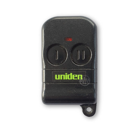 Uniden branded black 2 button garage door remoted with roman numeral design on buttons