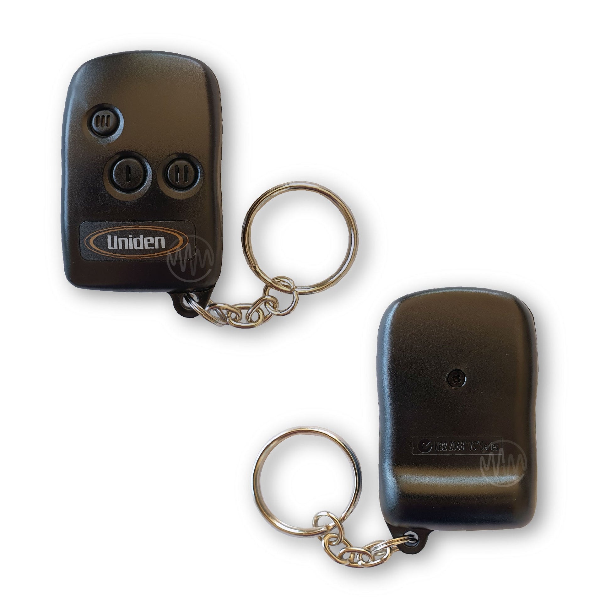 Black Uniden car alarm remote with 3 black round roman numeral marked buttons front & back view