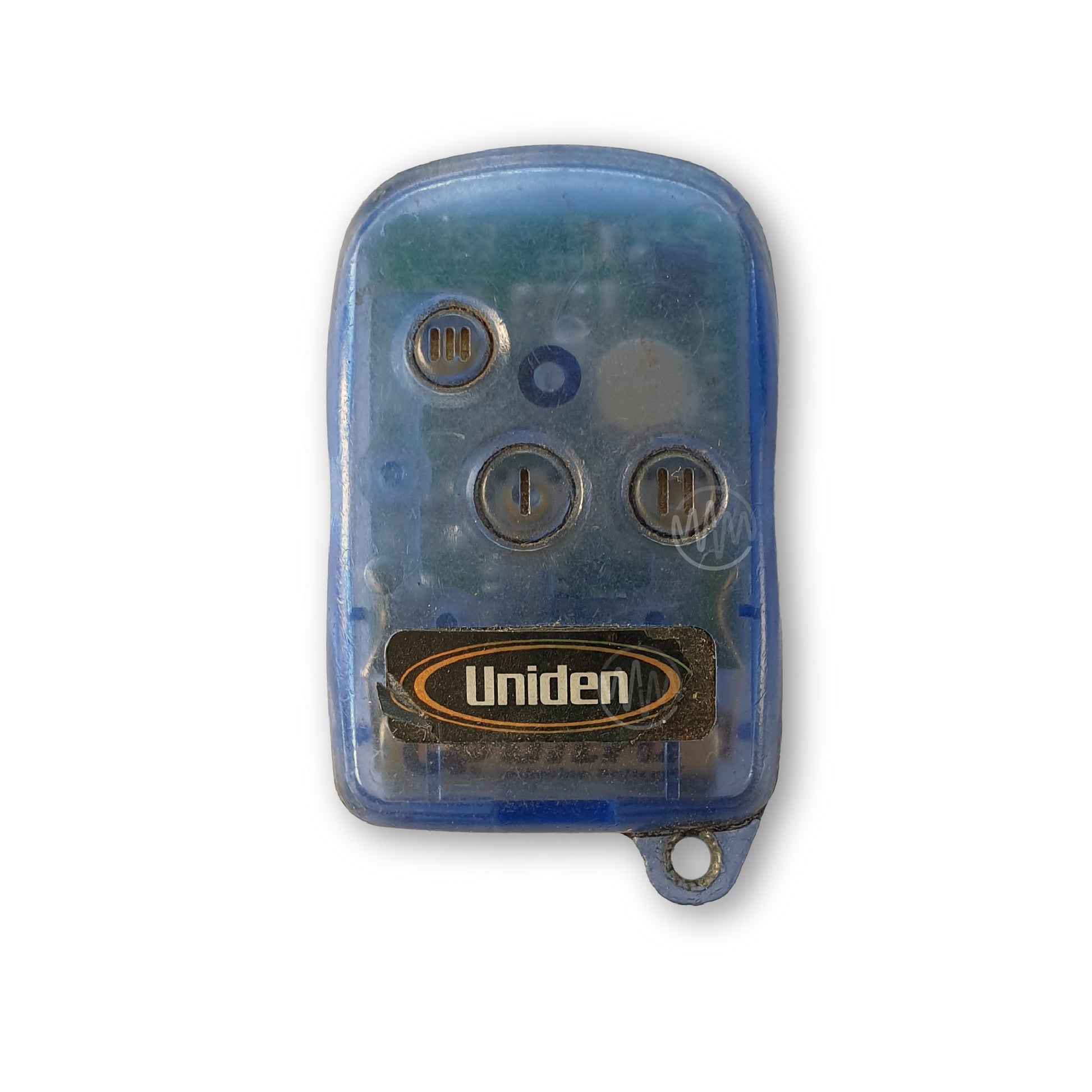 Clear ice blue Uniden car alarm remote with 3 round roman numeral marked buttons 