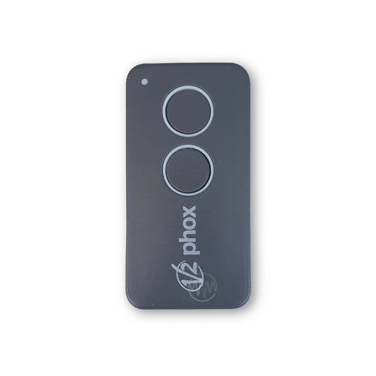Dark grey V2 Phox branded gate & garage remote with 2 white outlined round buttons