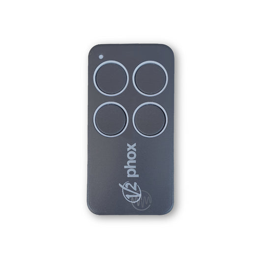 V2 Phox branded grey rectangle gate remote control with 4 white outlined round buttons