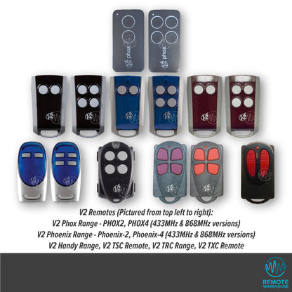 A collection of new & older V2 branded garage & gate remotes with 2 or 4 buttons in various designs & colours.