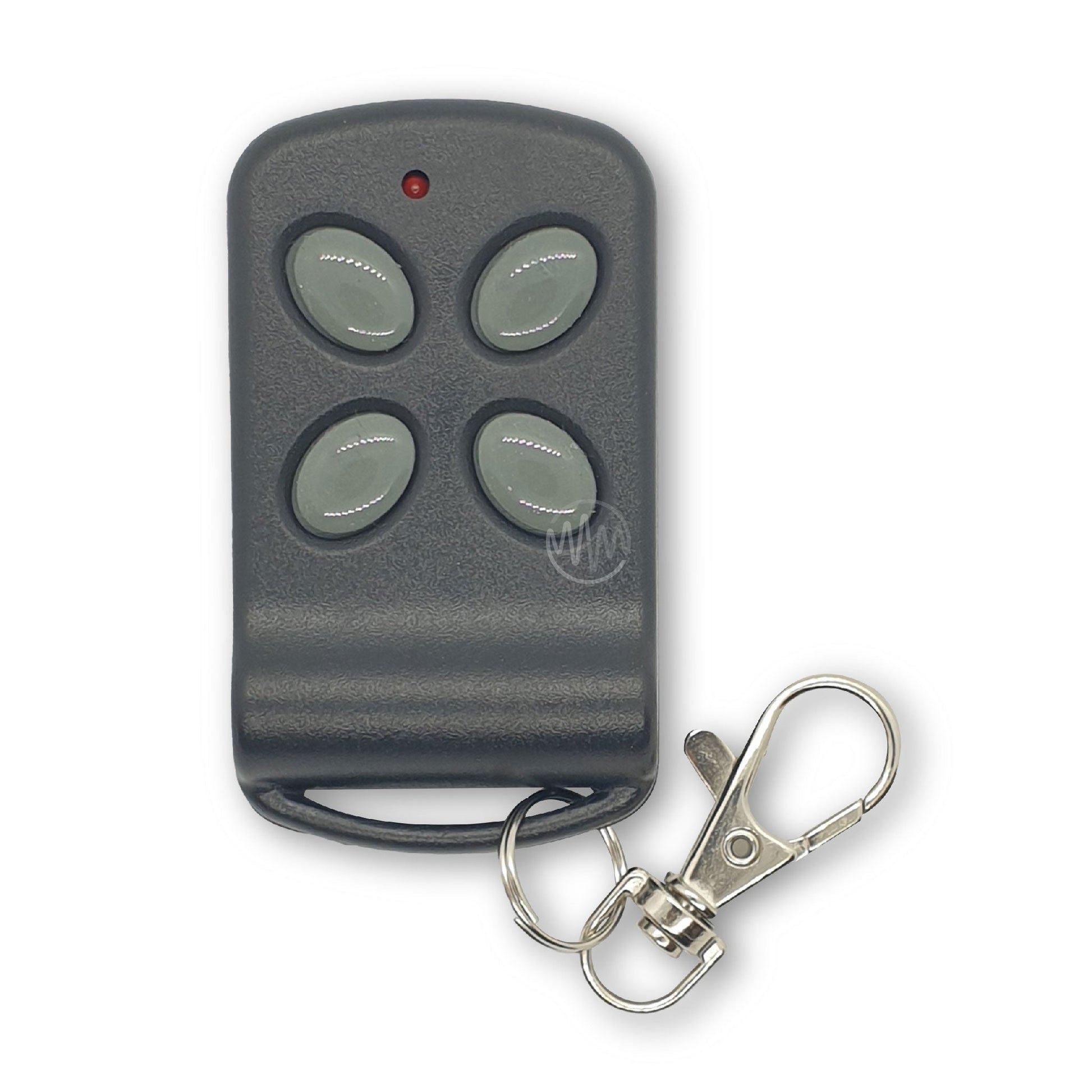 Grey garage door remote with 4 grey oval angled buttons for Vergo Garage openers