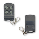 Front & back of grey garage door remote with 4 grey oval angled buttons for Vergo Garage openers