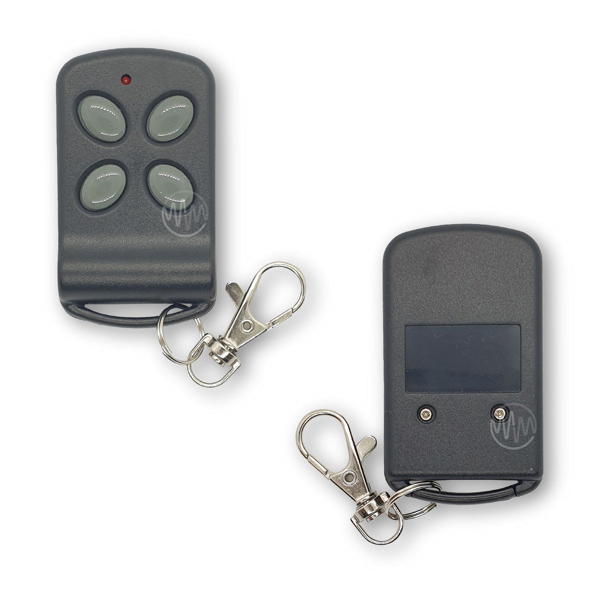 Front & back of grey garage door remote with 4 grey oval angled buttons for Vergo Garage openers