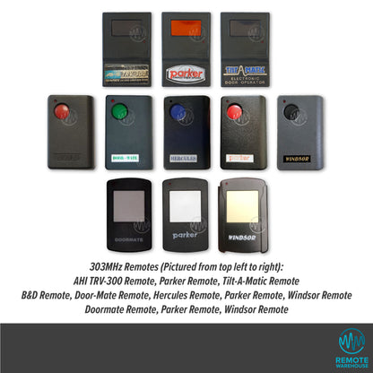 Collection of different branded old large single button 303MHz dipswitch garage door remotes