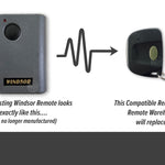 Grey Windsor branded black button remote is replaced with smaller key ring single button garage remote