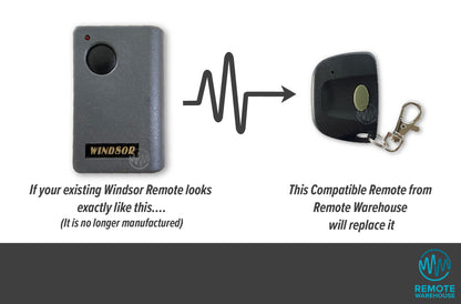 Grey Windsor branded black button remote is replaced with smaller key ring single button garage remote