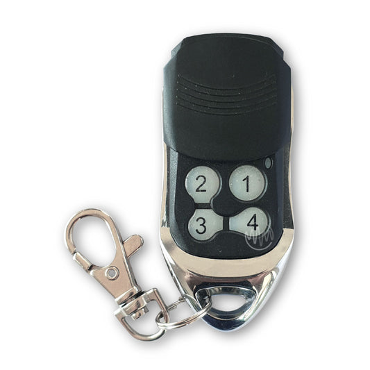 Windsor Doors garage door remote with black & chrome metal case & 4 numbered buttons