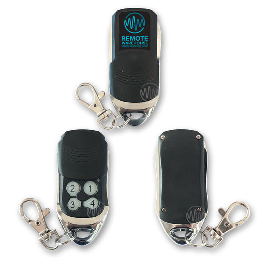 Windsor Doors garage door remote with black & chrome metal case & 4 numbered buttons