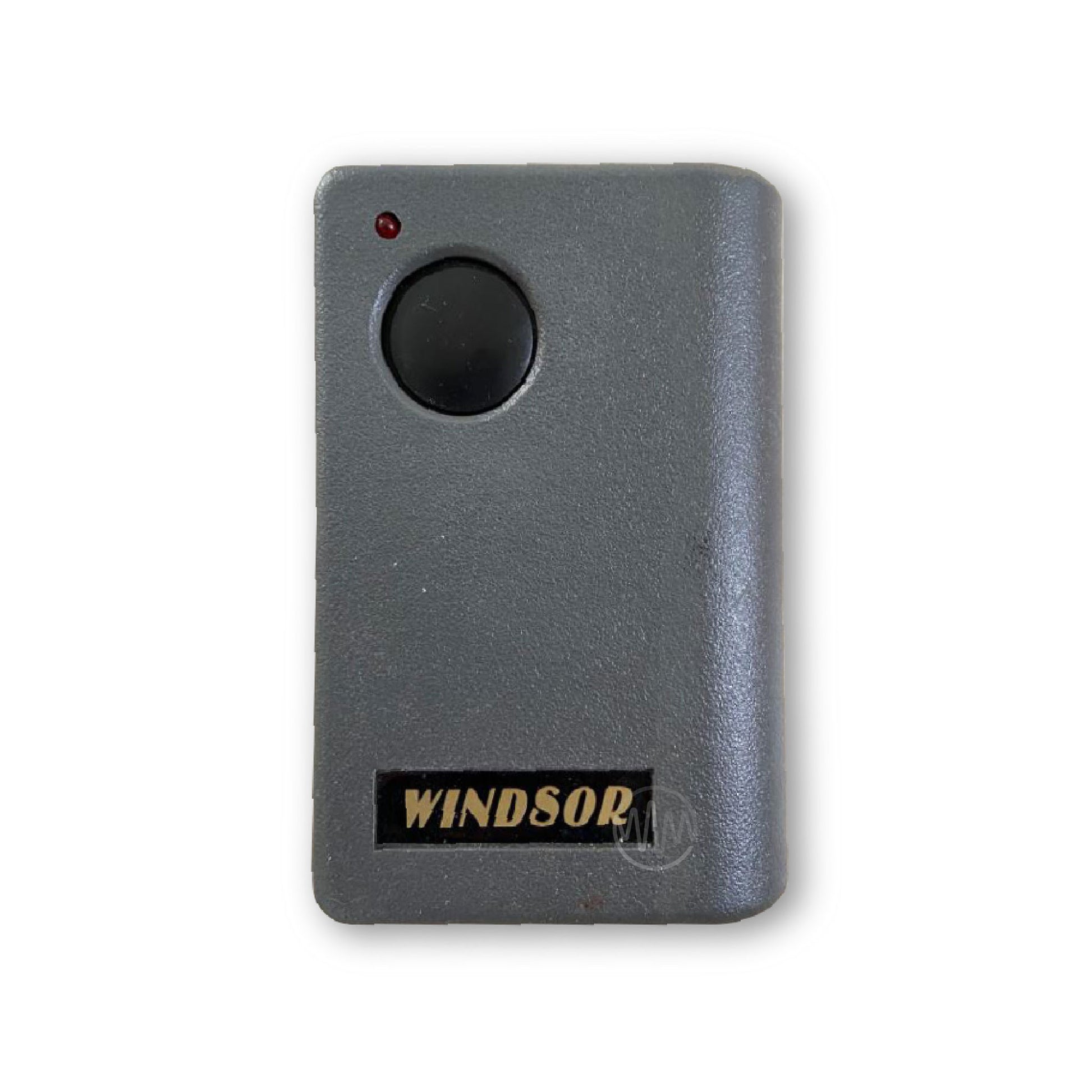 Grey large windsor branded remote with black round button at the top