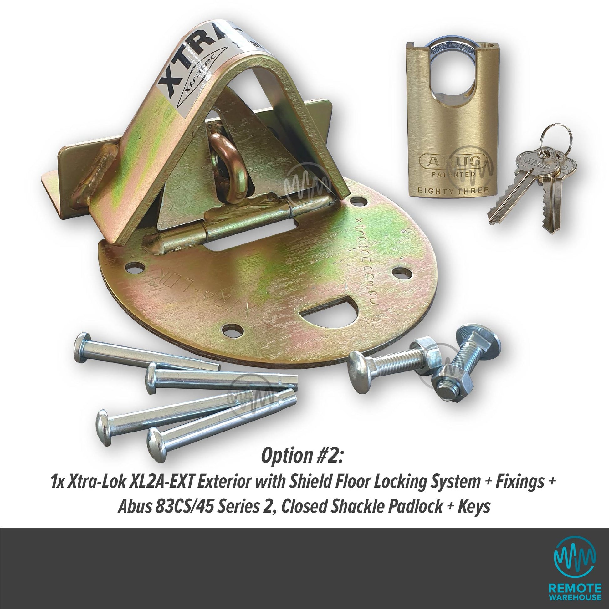 Xtra-Lok XL2A-EXT commercial floor lock system set with Abus brass padlock, keys & fixings