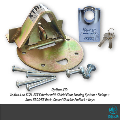 Xtra-Lok XL2A-EXT commercial floor lock system set with Abus Rock closed shackle padlock, keys & fixings
