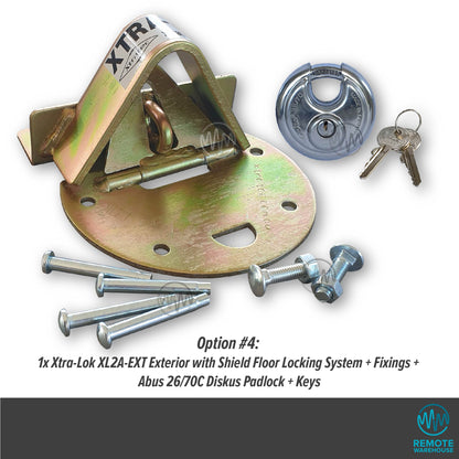Xtra-Lok XL2A-EXT commercial floor lock system set with Abus Diskus padlock, keys & fixings