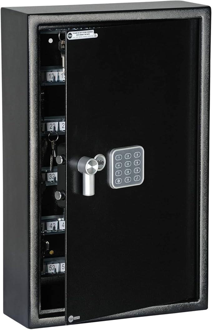 Yale Black Large Electronic Key safe with digital keypad open with keys inside.