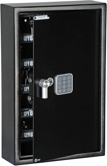Yale Black Large Electronic Key safe with digital keypad open with keys inside.
