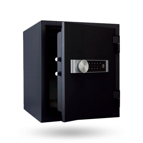 Side of black Yale Large Fire Safe with door open